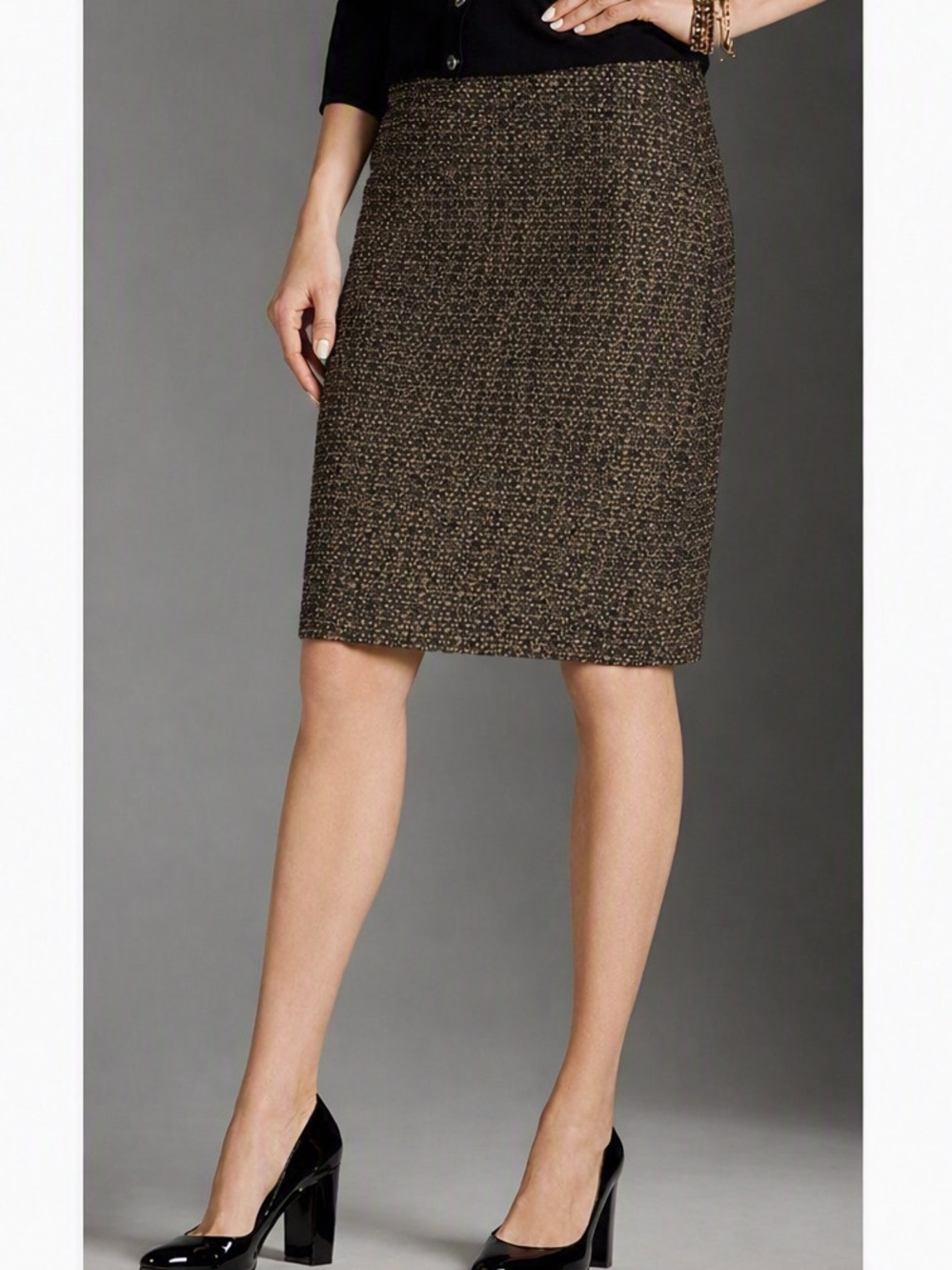 TALBOTS Tweed Metallic Pencil Skirt, Gold Gray Black, Size 8, NWOT
